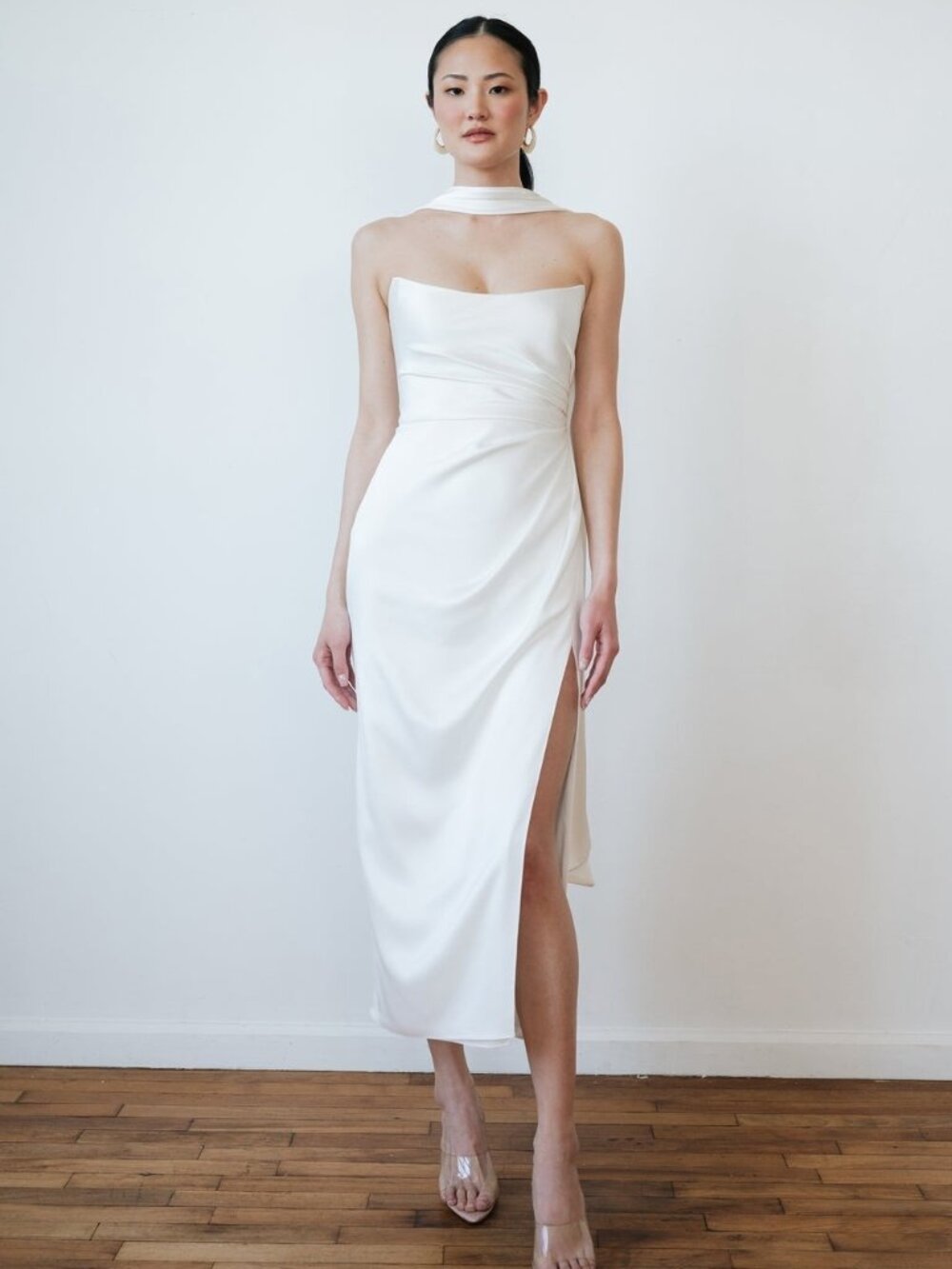 Jenny Yoo Perla Ivory Satin Strapless Midi Dress 8 NWT Bridal Rehearsal Dinner